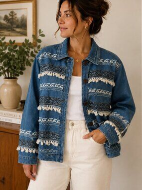 Vintage Sara‎ Studio Embroidered Denim Jacket Fringe Western Boho M ✨